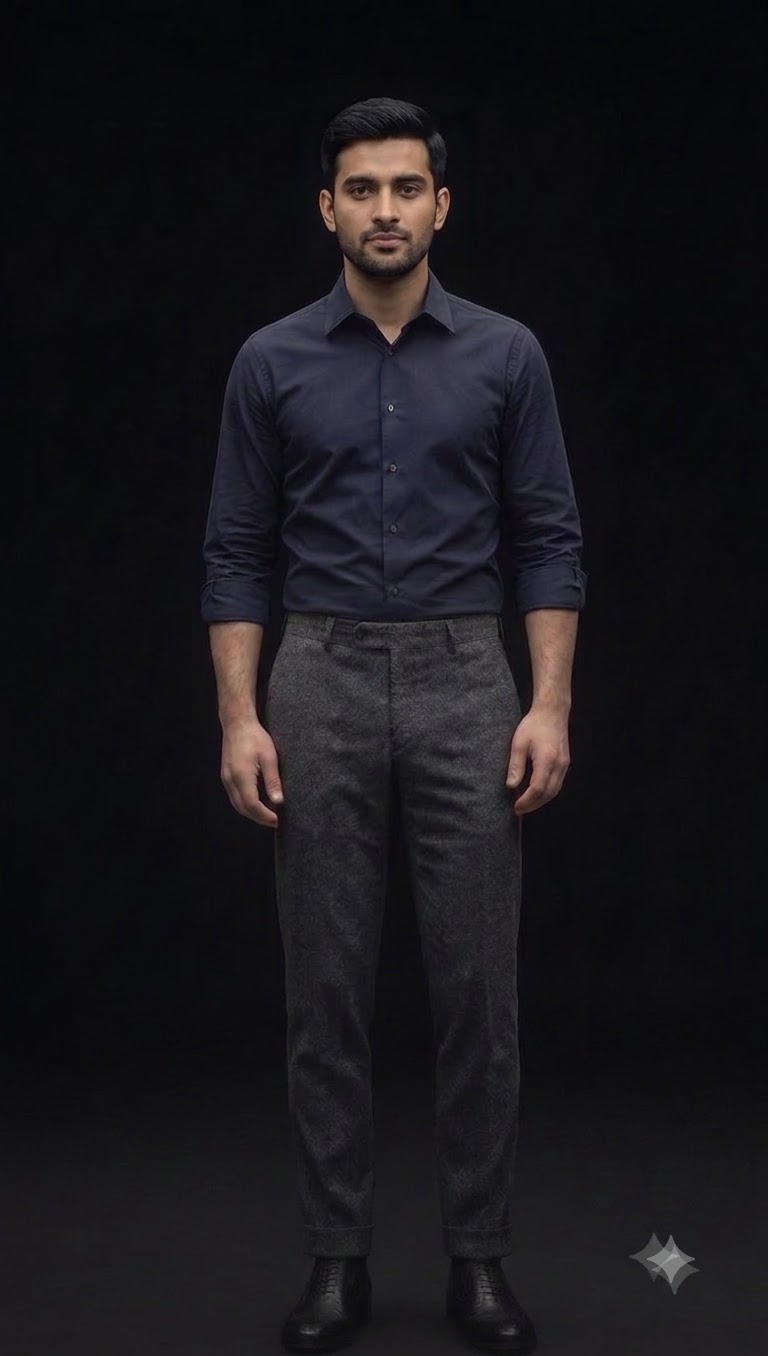 Editorial portrait of a young professional in a shirt and tailored trousers.