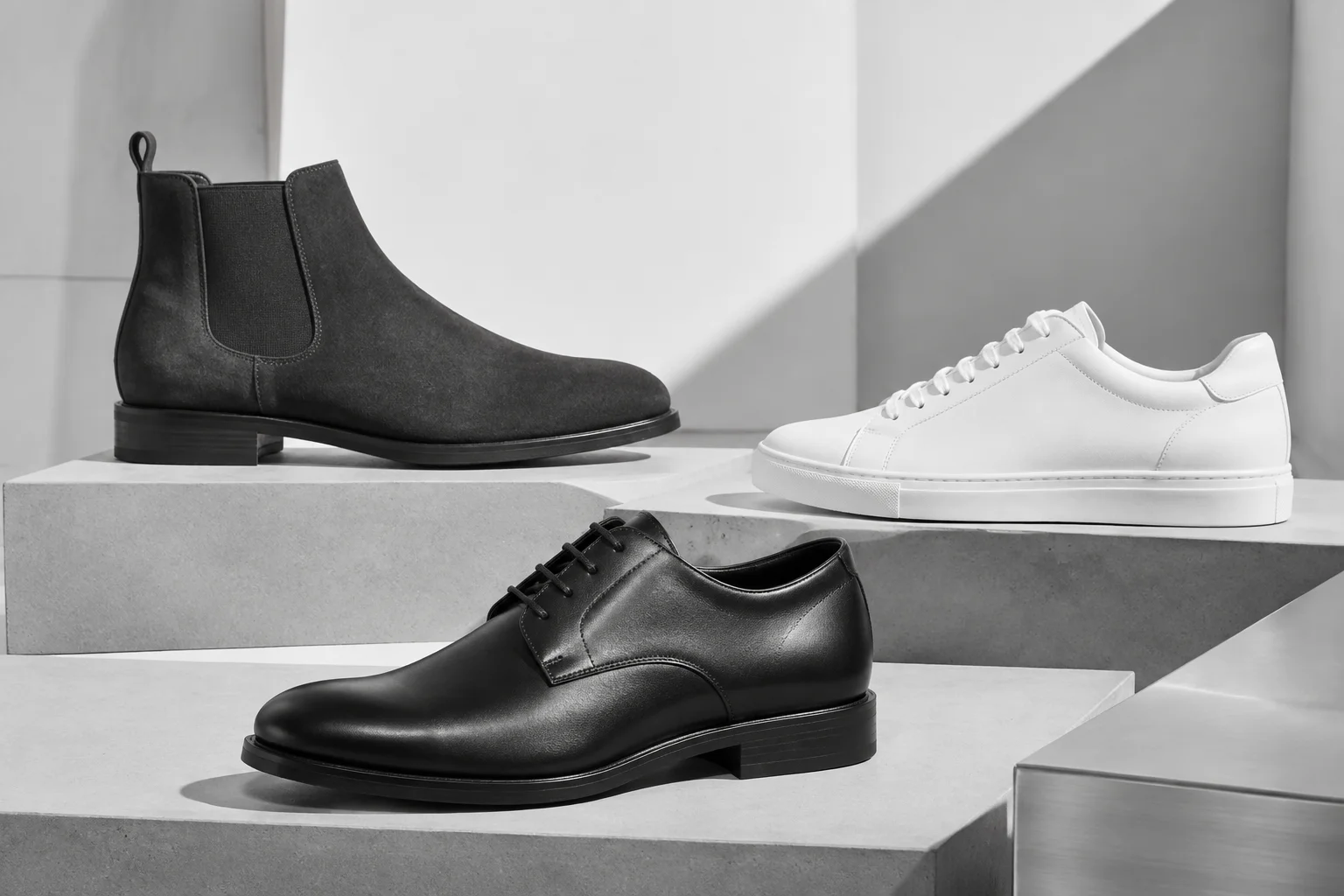 AI-generated concept study of a dress shoe, Chelsea boot and everyday sneaker on grey plinths.