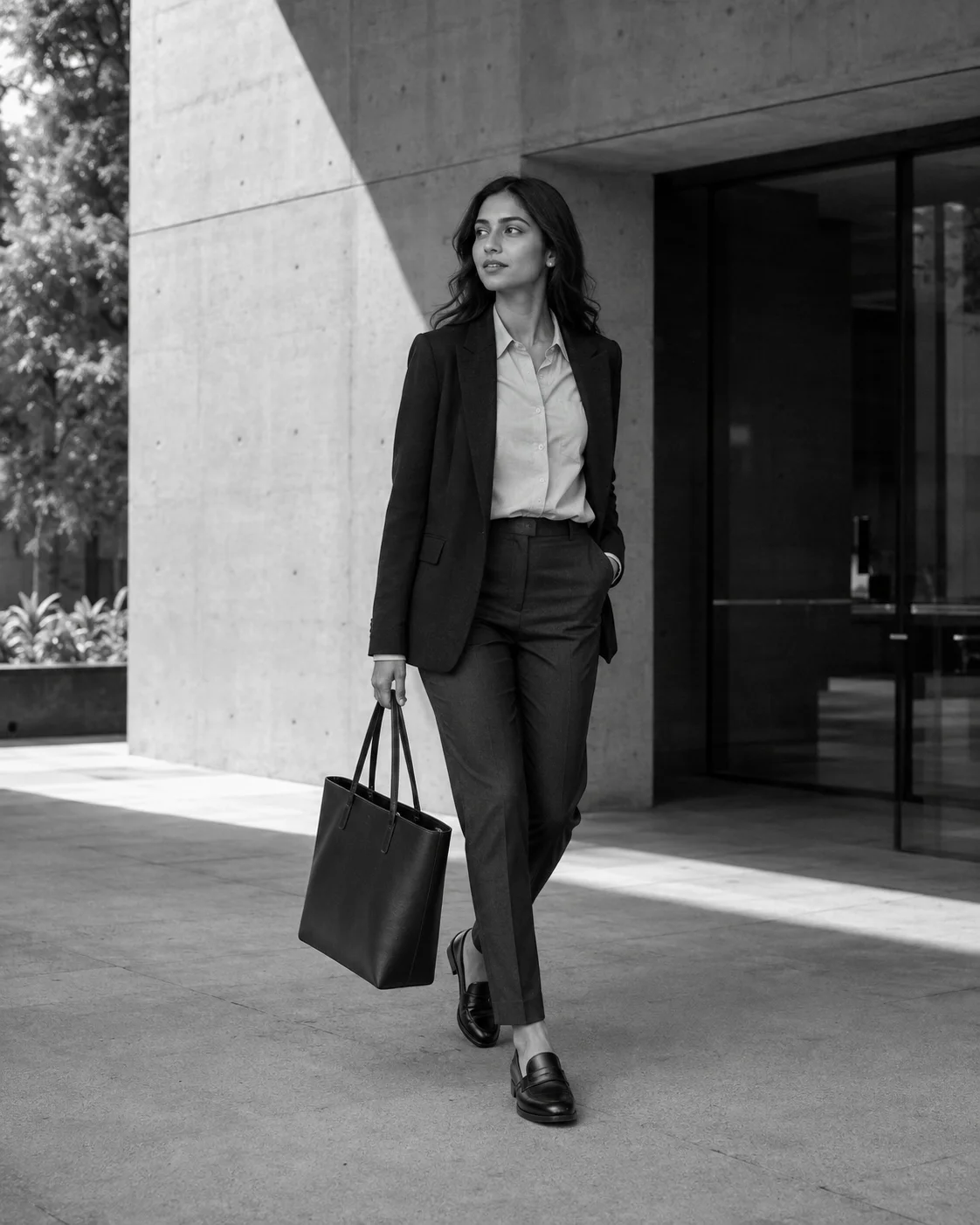 AI-generated editorial image of a young professional in tailored clothing and loafers outside a modern office.